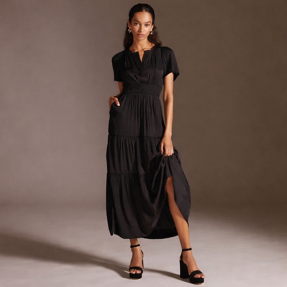 Anthropologie Somerset Short Sleeve Maxi Dress Black XS Petite Tiered Boho Chic